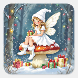 Adorable Little Christmas Fairy on Mushroom Quadratischer Aufkleber