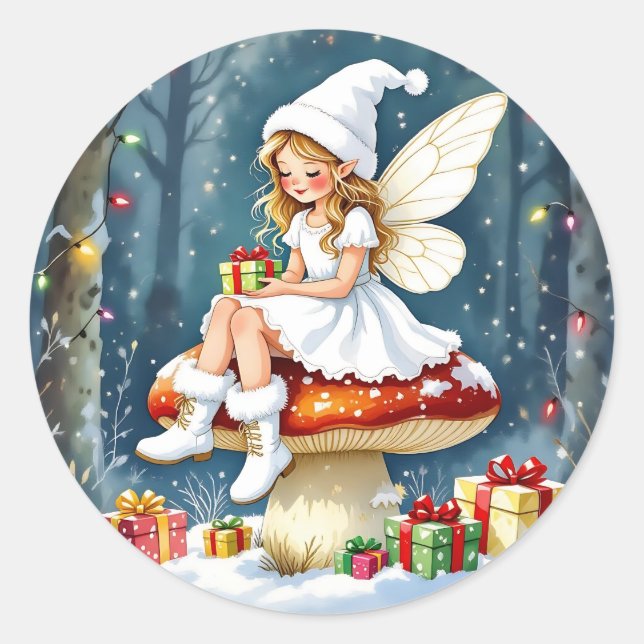 Adorable Little Christmas Fairy on Mushroom Runder Aufkleber (Vorderseite)