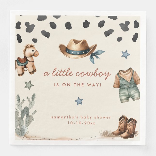 Adorable Little Cowboy ist unterwegs Baby Dusche Serviette (Vorderseite)