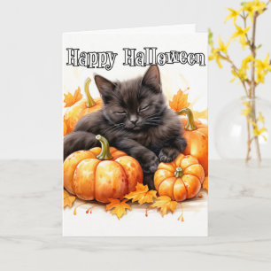 Adorable Little Napping Black Cat Halloween Karte