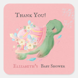 Adorable Little Turtle Pink Baby Shower Thank You Quadratischer Aufkleber
