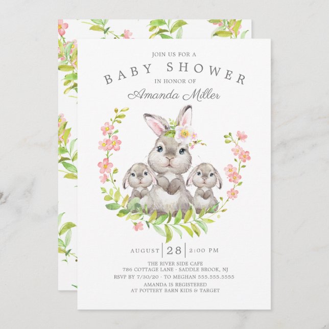 Adorable Mama & Baby Bunnies Twins Babydusche Einladung (Vorne/Hinten)