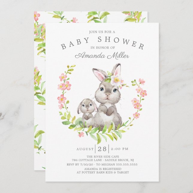 Adorable Mama & Baby Bunny Girls Babydusche Einladung (Vorne/Hinten)