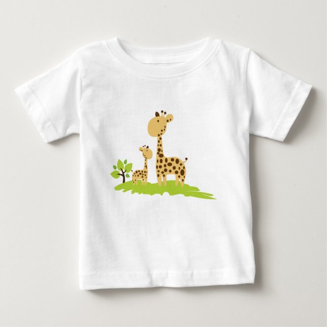 Adorable Mama & Baby Giraffe Grün & Gelb Baby T-shirt (Vorderseite)