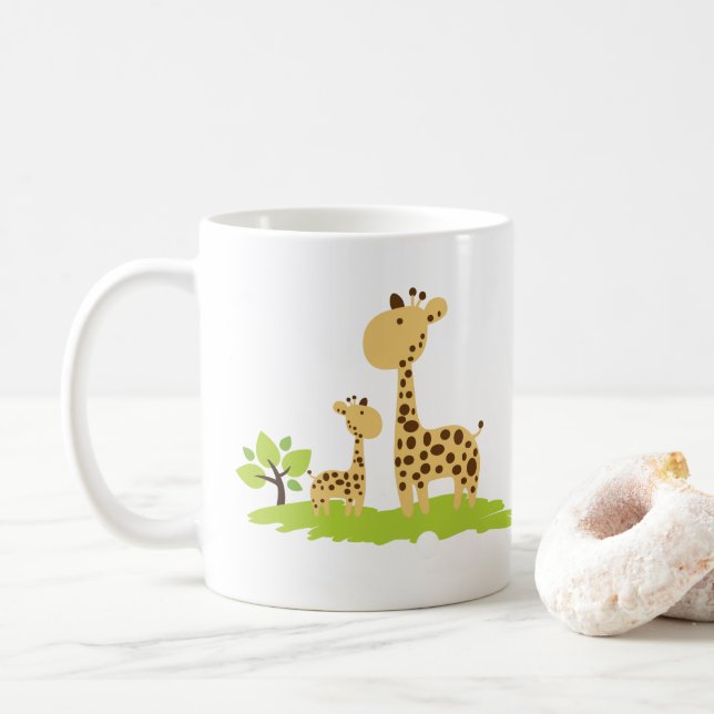 Adorable Mama & Baby Giraffe Grün & Gelb Kaffeetasse (Mit Donut)