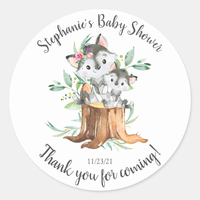 Adorable Mama & Baby Wolf Baby Shower Gefallen Runder Aufkleber (Vorderseite)