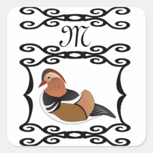 Adorable Mandarin Duck Cartoon Monogram Quadratischer Aufkleber