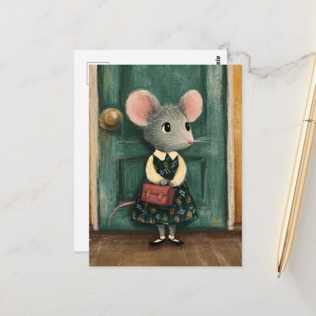 Adorable Maus am ersten Schultag Postkarte (Vorderseite/Rückseite Beispiel)