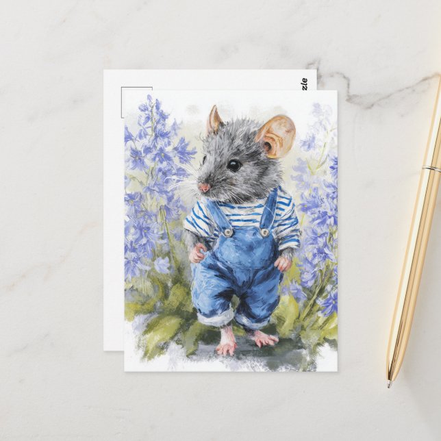 Adorable Maus in Denim in den Blume Postkarte (Vorderseite/Rückseite Beispiel)