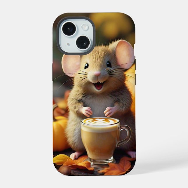 Adorable Maus mit Latte in Herbst iPhone 15 Fall Hülle (Rückseite)