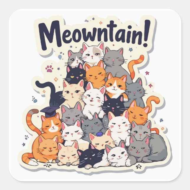 Adorable 'Meowntain' Funny Cat Stack Quadratischer Aufkleber (Vorderseite)