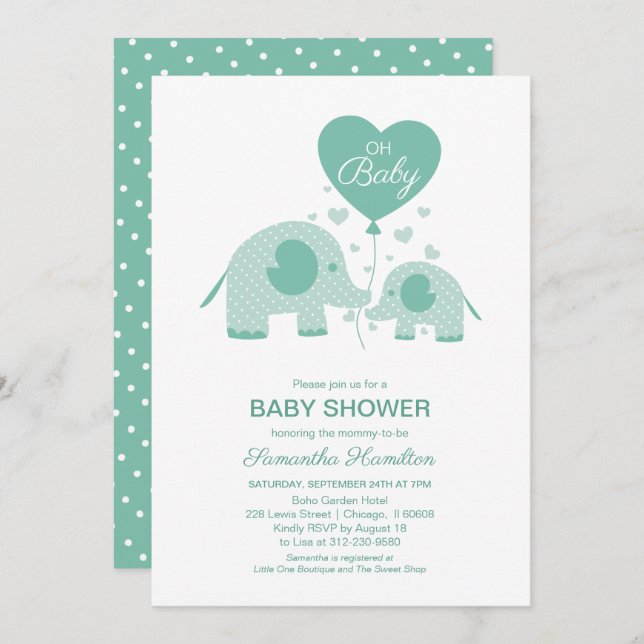 Adorable Minze Green Elephant Babydusche Einladung (Vorne/Hinten)