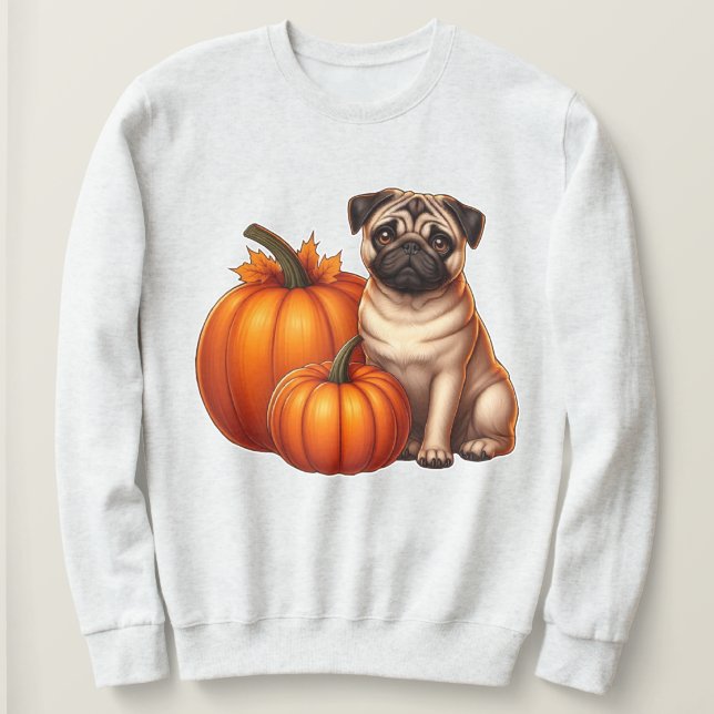 Adorable Mops mit Herbst neben Pumpkins sitzen Sweatshirt (Design vorne)