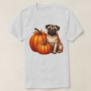 Adorable Mops neben Pumpkins mit Blätter sitzen T-Shirt