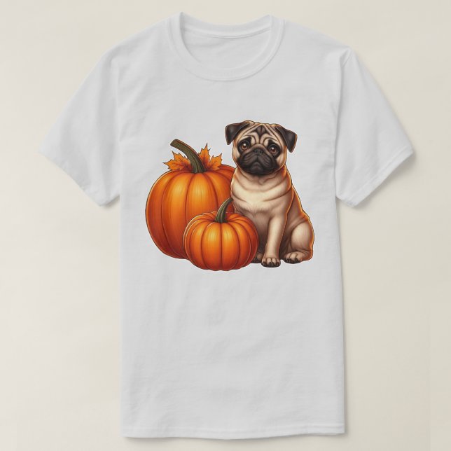 Adorable Mops neben Pumpkins mit Blätter sitzen T-Shirt (Design vorne)