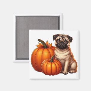 Adorable Mops neben Pumpkins und Blätter sitzen Magnet