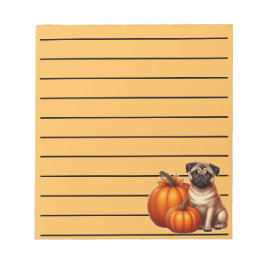Adorable Mops neben Pumpkins und Blätter sitzen Notizblock