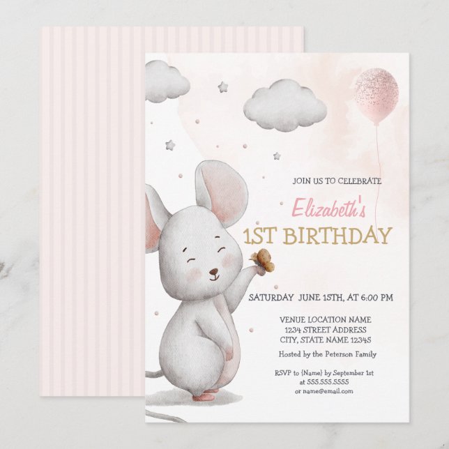 Adorable Mouse Ballon gestreift Geburtstag Einladung (Vorne/Hinten)