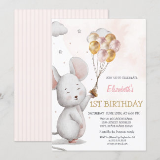 Adorable Mouse Balloons gestreift Geburtstag Einladung