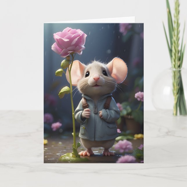 Adorable Mouse Blume Illustration Leere Gruß Karte (Vorderseite)