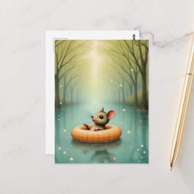 Adorable Mouse Floating on a Lake Postkarte (Vorderseite/Rückseite Beispiel)