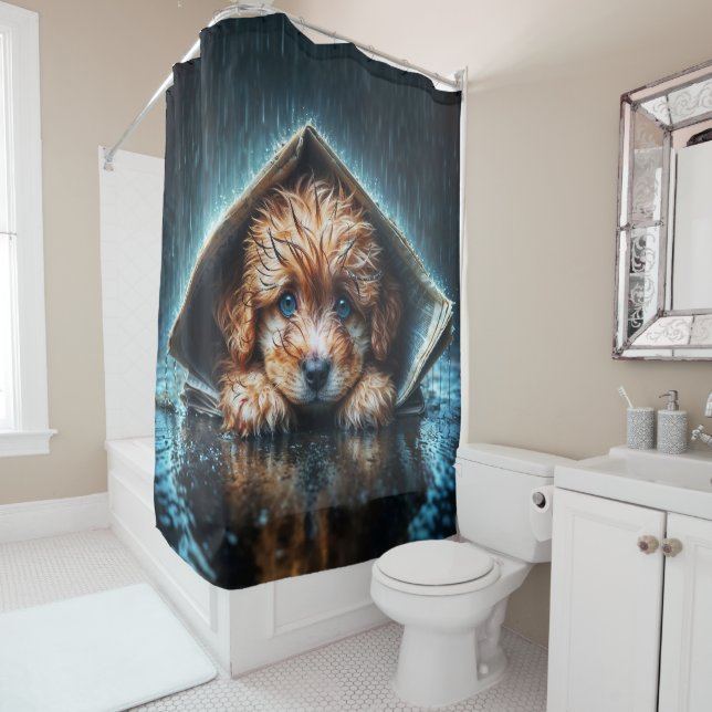 Adorable nasse Welpe unter Zeitungshütte Duschvorhang (Beispiel)