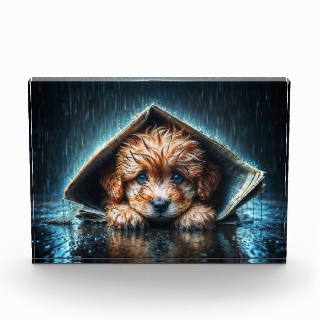 Adorable nasse Welpe unter Zeitungshütte Fotoblock (Vorderseite)