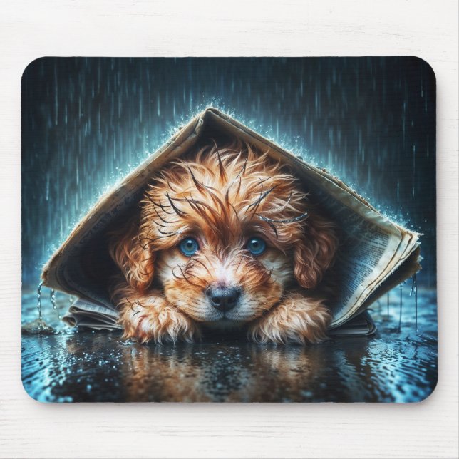 Adorable nasse Welpe unter Zeitungshütte Mousepad (Vorne)