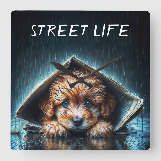 Adorable nasse Welpe unter Zeitungshütte Quadratische Wanduhr (Vorderseite)