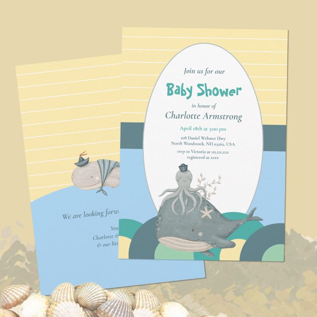 Adorable Nautical Whale Octopus Yellow Baby Dusche Einladung (Adorable Nautical Whale Squid Yellow Baby Shower Invitation ©Susanne Sachers - Sunny Mind Design 🌞)