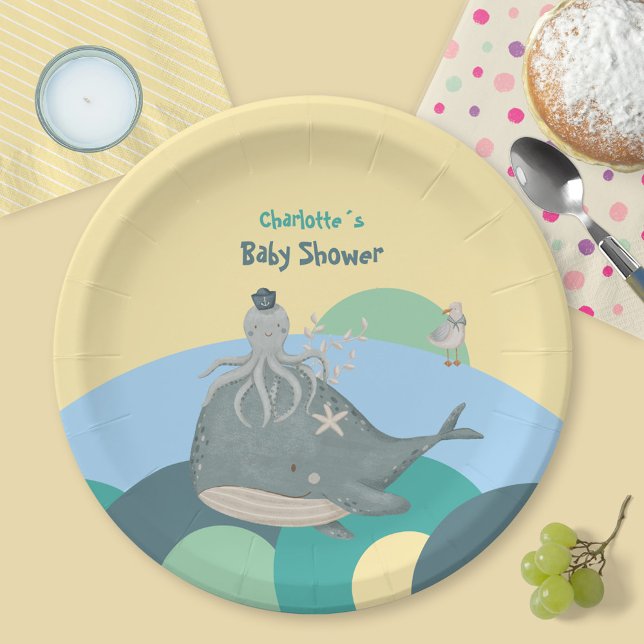 Adorable Nautical Whale Tintenfisch Yellow Baby Du Pappteller (Adorable Nautical Whale Squid Yellow Baby Shower Paper Plates ©Susanne Sachers - Sunny Mind Design )