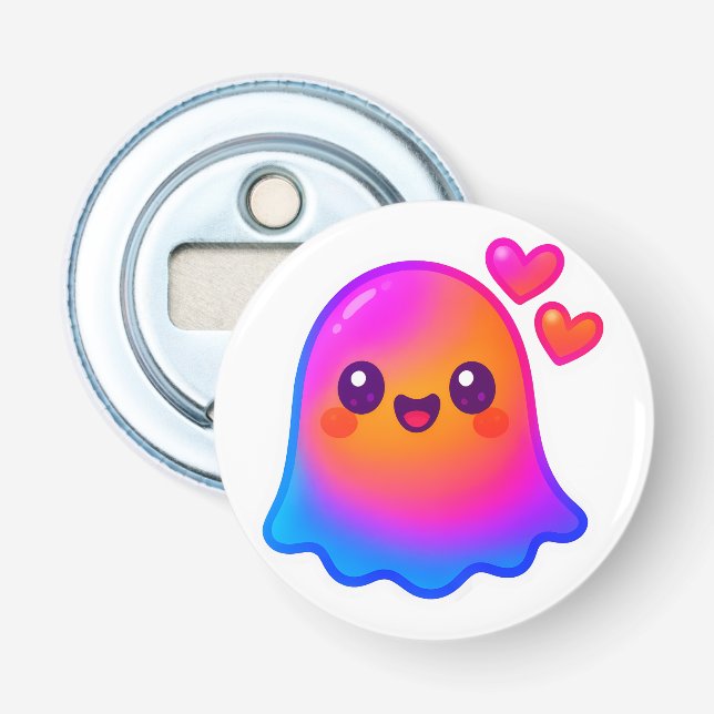Adorable Neon Kawaii Ghost mit Gradient Glow und Flaschenöffner (Vorderseite)