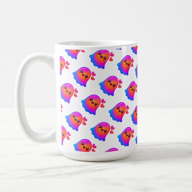 Adorable Neon Kawaii Ghost mit Gradient Glow und Kaffeetasse (Links)