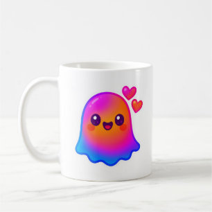 Adorable Neon Kawaii Ghost mit Gradient Glow und Kaffeetasse