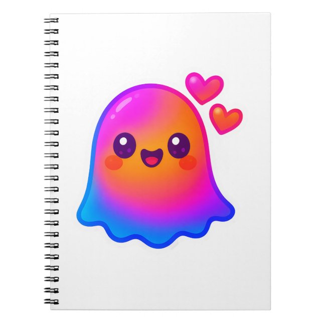 Adorable Neon Kawaii Ghost mit Gradient Glow und Notizblock (Vorderseite)