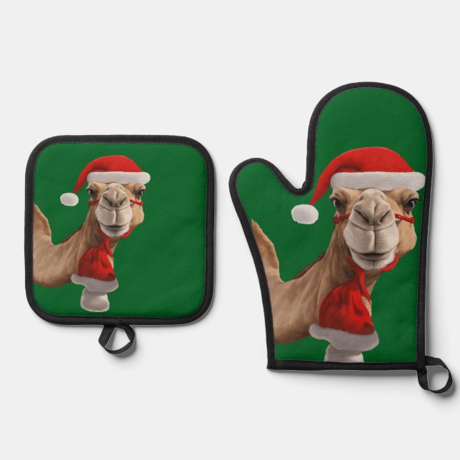 Adorable Niedlich Camel Wear Weihnachtsmannmütze W Ofenhandschuh & Topflappen-Set (Vorderseite)