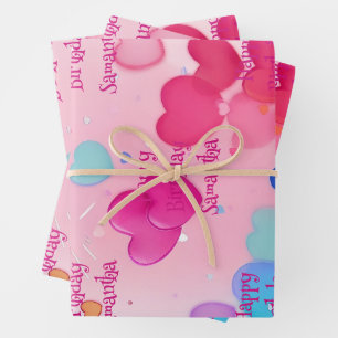 Adorable Niedlich Pink Girly Hearts Happy Birthday Geschenkpapier Set
