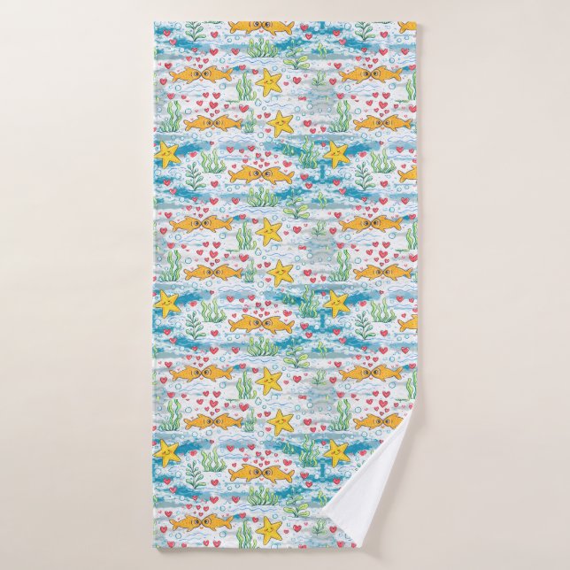 Adorable Ocean Love Pattern | Cute Fish & Starfish Badehandtuch (Badehandtuch)
