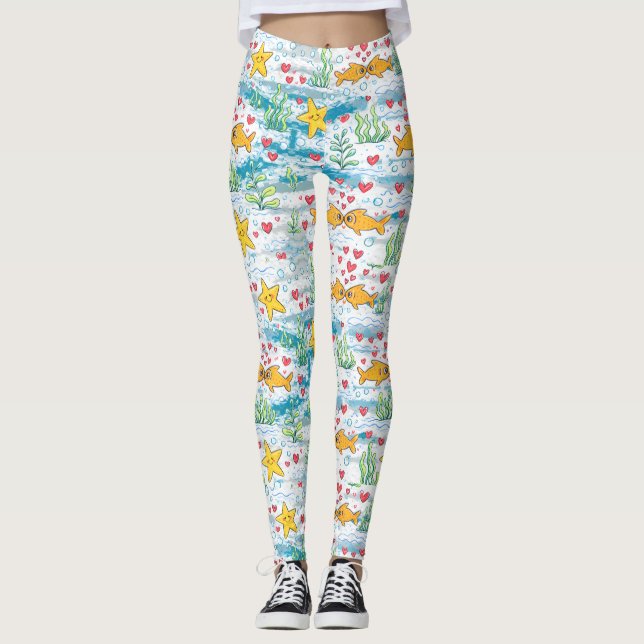 Adorable Ocean Love Pattern | Cute Fish & Starfish Leggings (Vorderseite)