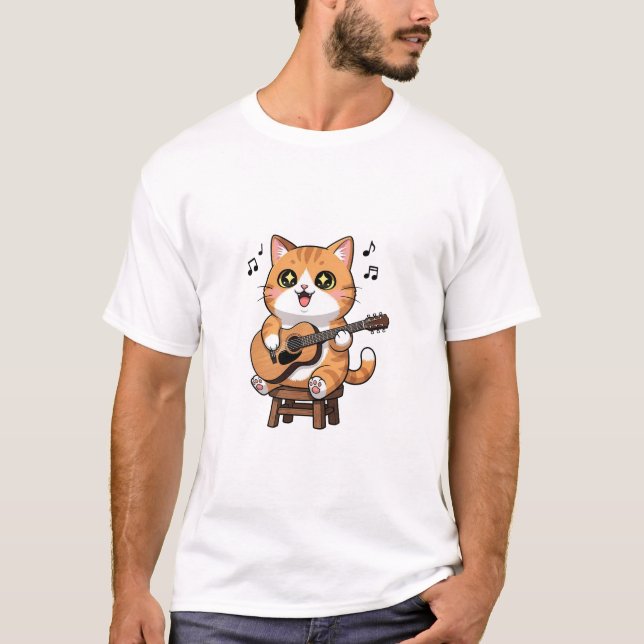 Adorable Orange Tabby Cat Playing Acoustic Guitar T-Shirt (Vorderseite)