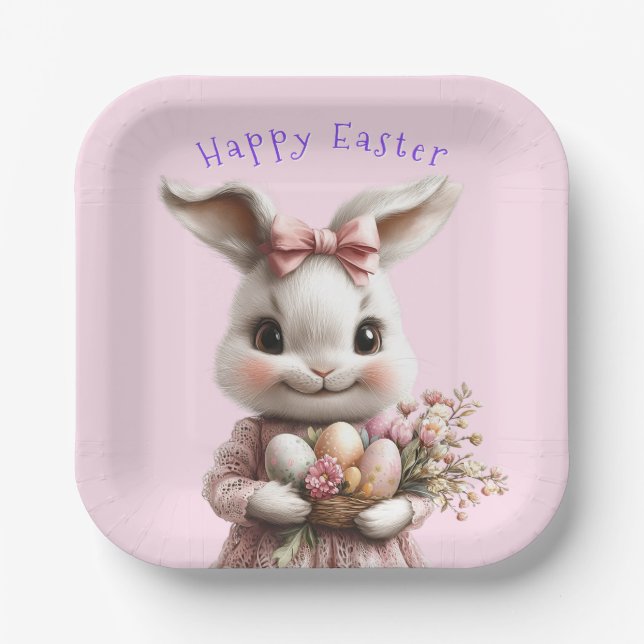 Adorable Osterfest Bunny Pink Bow farbenfrohe Eier Pappteller (Vorderseite)