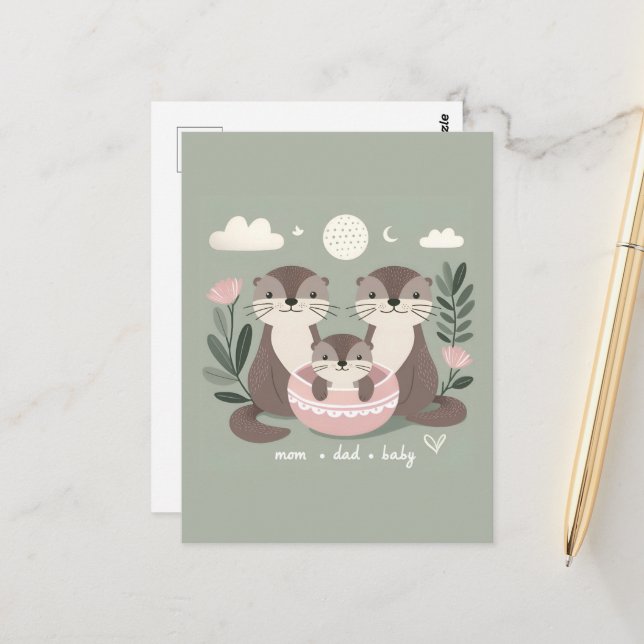 Adorable Otter Boho Mama Vater und Baby Postkarte (Vorderseite/Rückseite Beispiel)