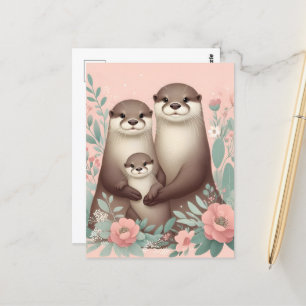 Adorable Otter Boho Pink Mama Vater und Baby Postkarte