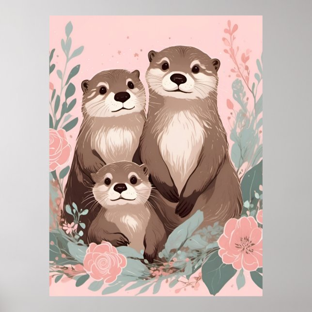 Adorable Otter Boho Pink Rose Mama Vater und Baby Poster (Vorne)