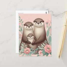Adorable Otter Boho Pink Rose Mama Vater und Baby Postkarte