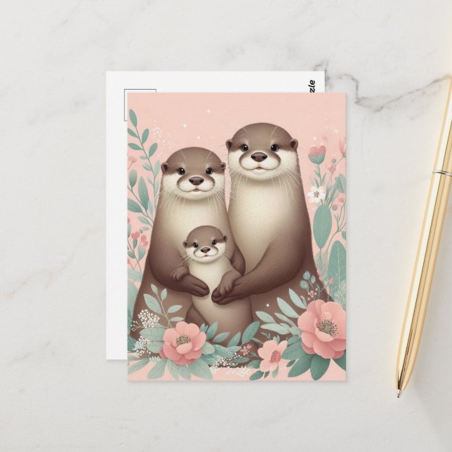 Adorable Otter Boho Pink Rose Mama Vater und Baby Postkarte (Vorderseite/Rückseite Beispiel)