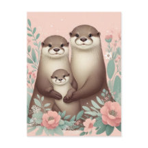 Adorable Otter Boho Pink Rose Mama Vater und Baby