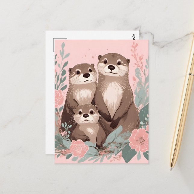 Adorable Otter Boho Pink Rose Mama Vater und Baby Postkarte (Vorderseite/Rückseite Beispiel)