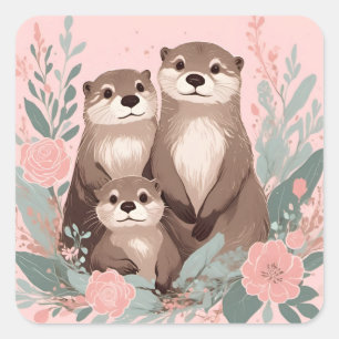 Adorable Otter Boho Pink Rose Mama Vater und Baby Quadratischer Aufkleber