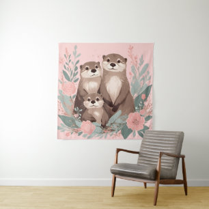 Adorable Otter Boho Pink Rose Mama Vater und Baby Wandteppich